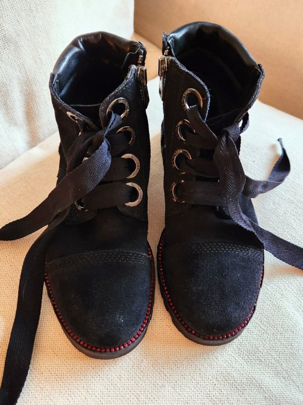 Zadig & Voltaire Black Suede/Red Rhinestone Combat Boots - 38 (approx. US 7.5)